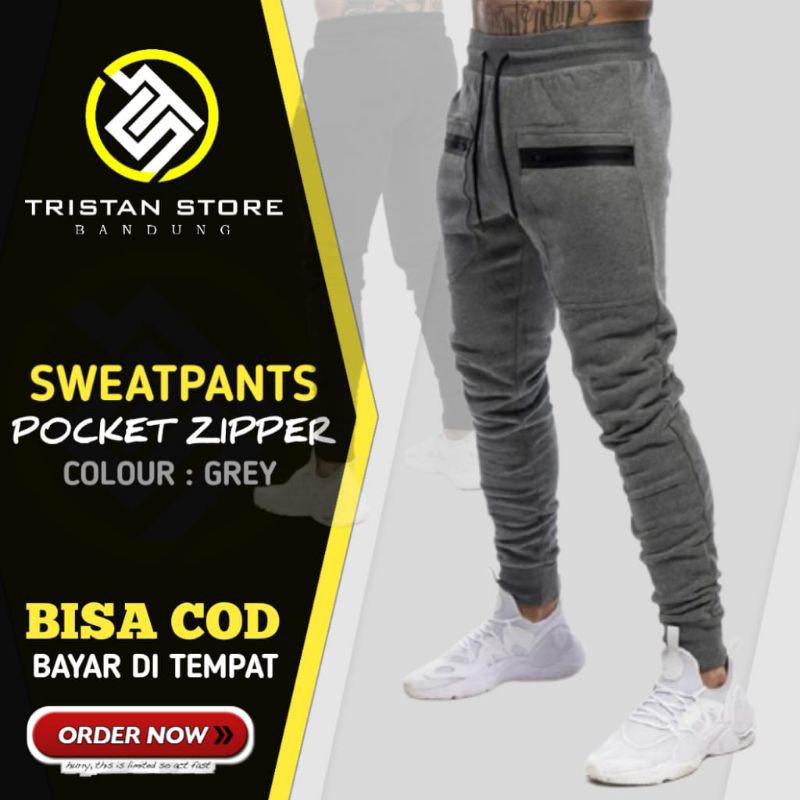 Celana Joger Pria Sweatpants Pocket Zipper Grey Original training pants