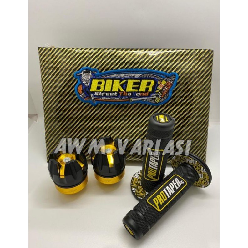 Paket sarung jok kulit jok karbon biker plus as roda depan dan grip protaper