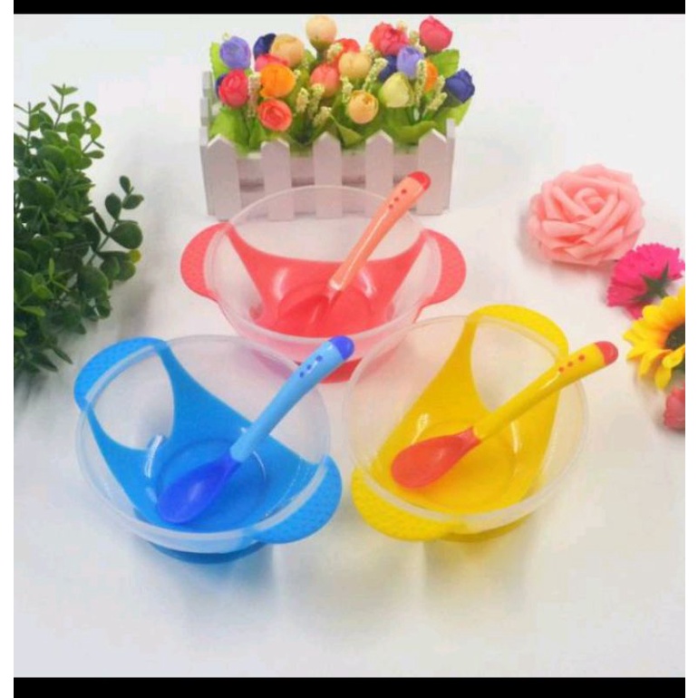 Mangkok Set Makan Bayi Anti Tumpah [Mangkok anti slip + Tutup + Sendok sensor  panas]