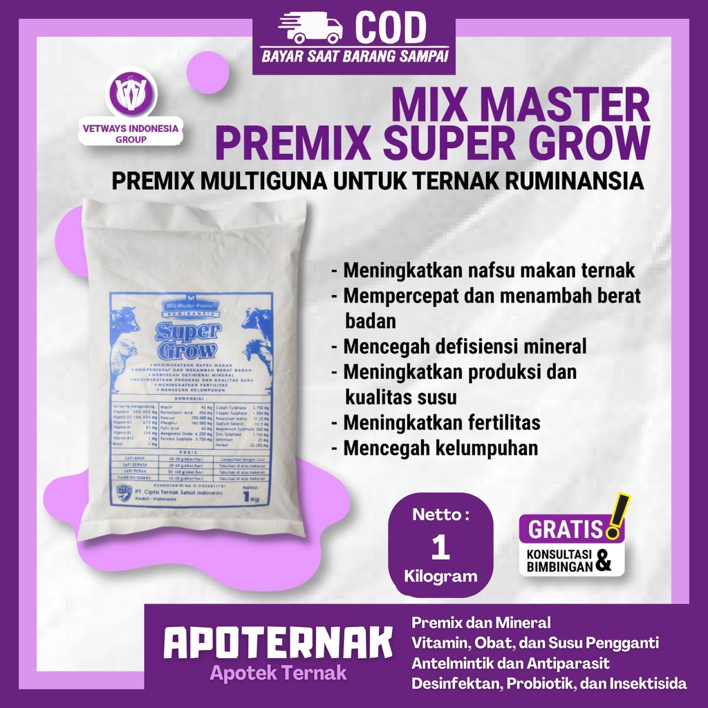 PREMIX SUPER GROW 1 kg - Suplemen Penggemukan dan Peningkat Produksi Susu Sapi Kerbau Kambing Domba | Apoternak