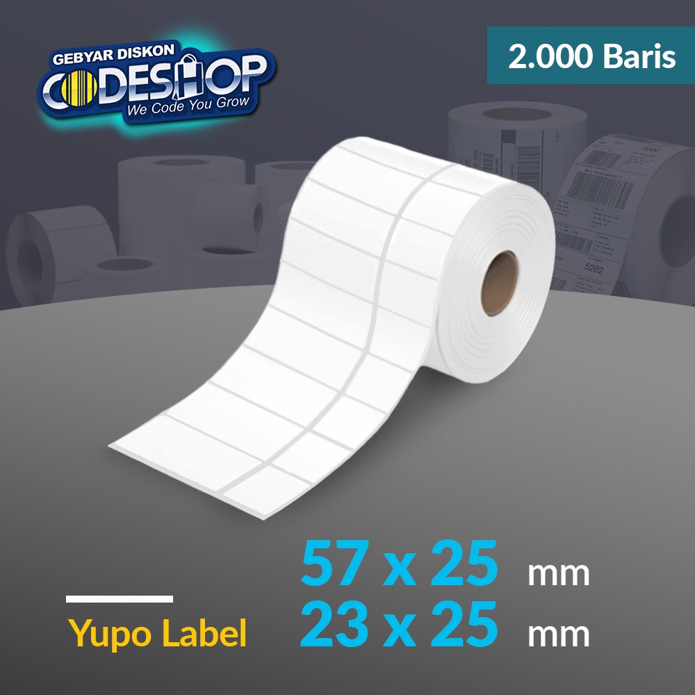 

Codeshop Label Yupo 57 x 25 mm 23 x 25 mm 2 Line Stiker Printer Barcode Core 1 Inch 2000 Baris isi 4000 Pcs