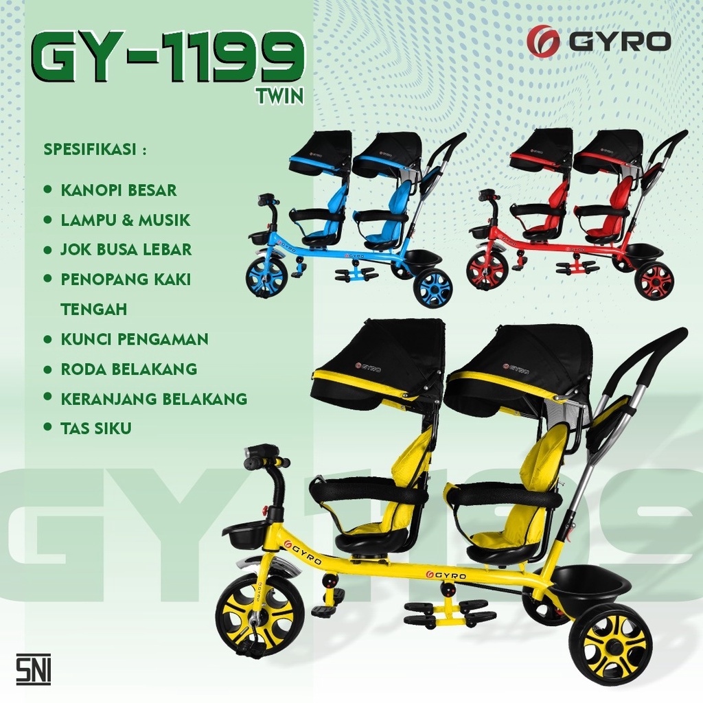Sepeda Anak bayi balita Roda Tiga Stroler twins  Anak Twin GYRO GY1199 Kembar Dua Kursi SNI Garansi Termurah-3