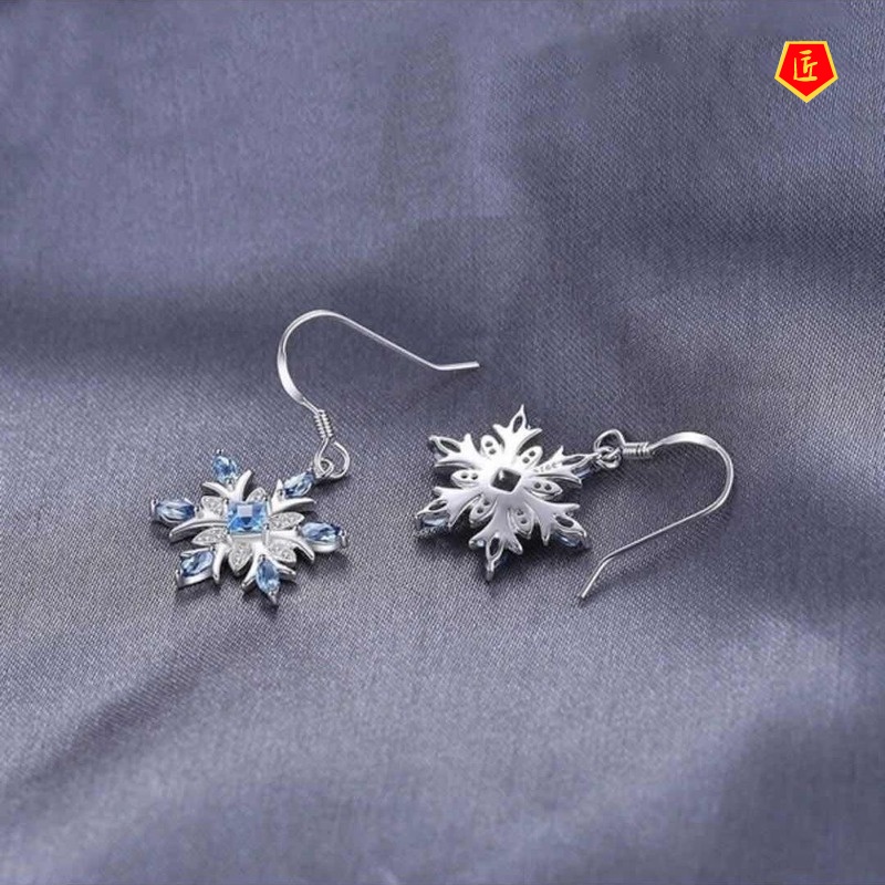 [Ready Stock]Fashion Women's Light Blue Topaz Snowflake Earrings