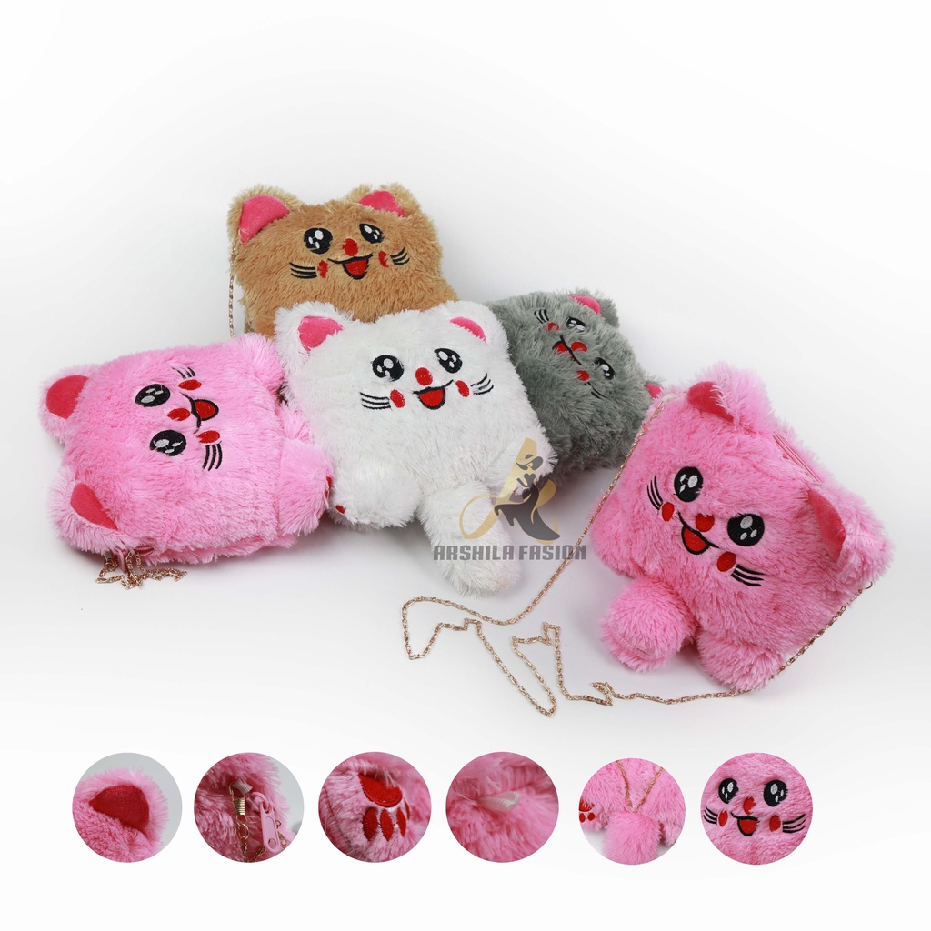 Tas Selempang bulu model Kucing / Selempang bulu lucu / tas boneka /Tas Bulu Boneka