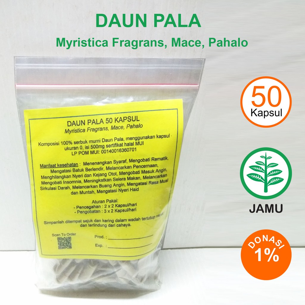 

DAUN PALA KAPSUL Menenangkan Syaraf Kejang Otot Insomnia Nyeri Haid Masuk Angin Mual Muntah