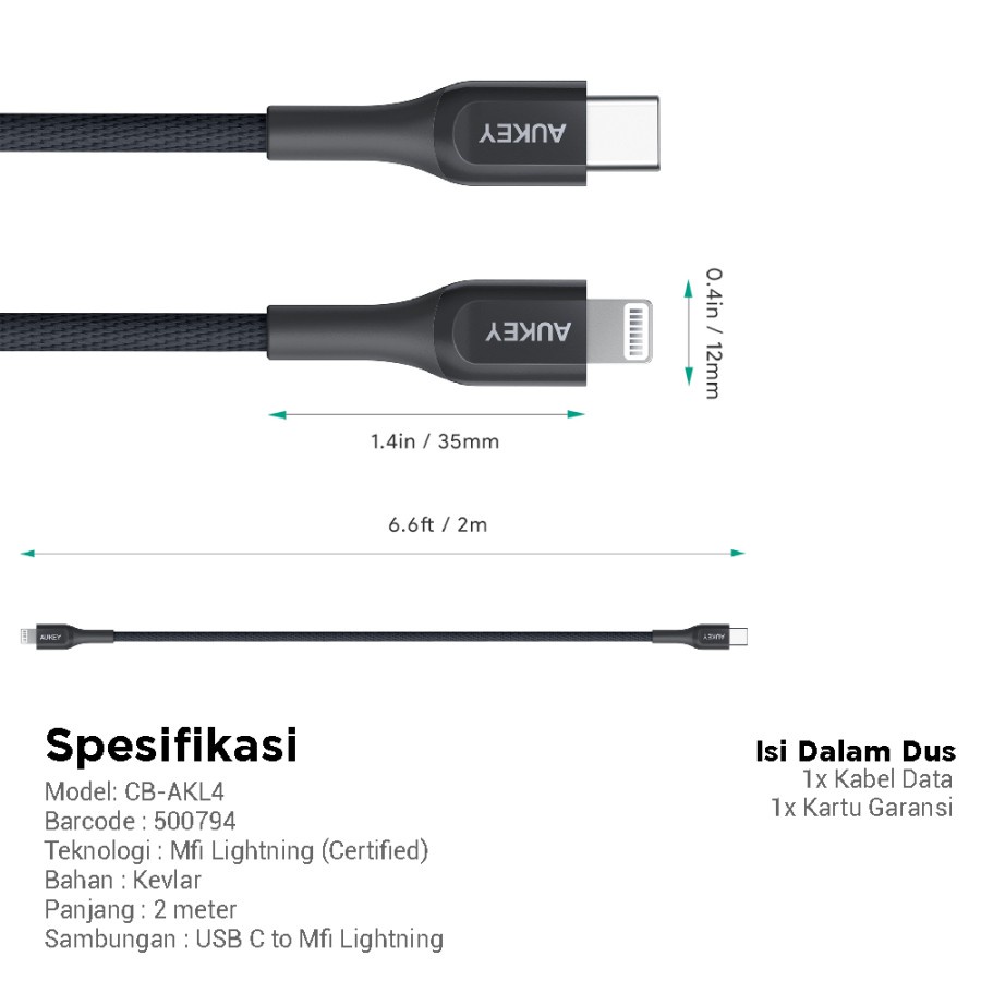 Kabel Charger Aukey CB-AKL4 Black Mfi USB C to Lightning - 500794