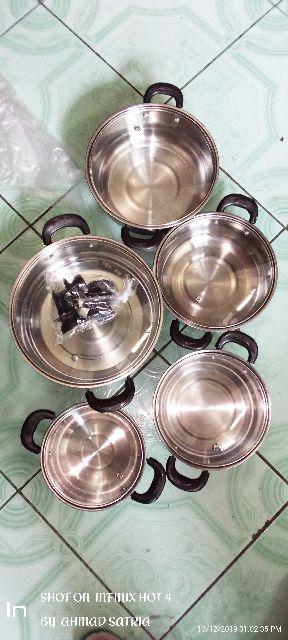 [disiniaja] [panci 5 Susun] Panci Beranak Stainless Steel Tutup Kaca Set Isi 5pcs