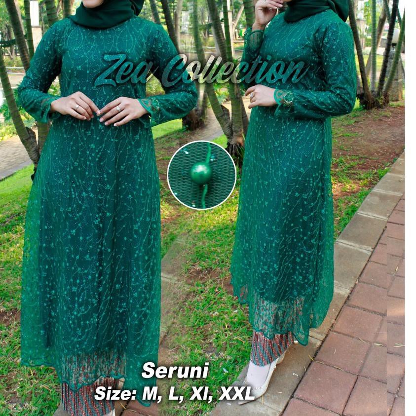 ♘ Setelan Kebaya Tunik SERUNI / Kebaya Brukat Tulle / Set Kebaya Warna Navy / Gold /kebaya wisuda ☛