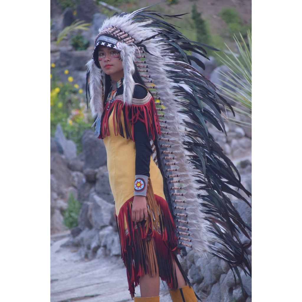 TOPI INDIAN - INDIAN HEADDRESS LONG AYAM BILABONG NATURAL HITAM PUTIH