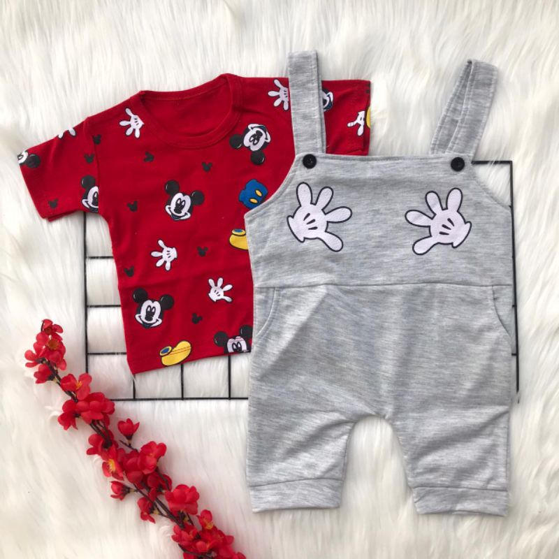 Baju setelan kaos suspander 6-15 bln motif mickey lucu bestseller anak bayi cowok laki murah -mic