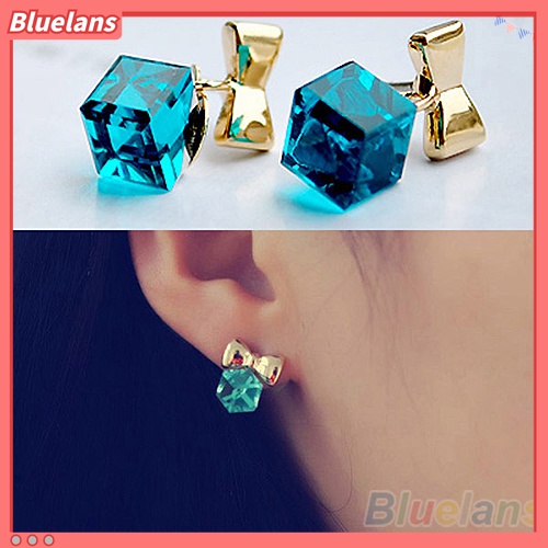 Anting Stud Berlian Imitasi Berkilau Bentuk Pita Kubus Untuk Wanita