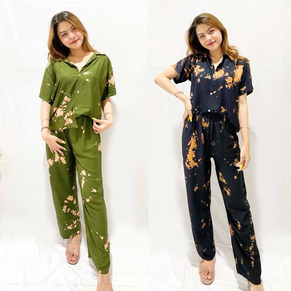 SETELAN PANJANG KEMEJA TIE DYE / PIYAMA / BABYDOLL / BAJU TIDUR (Pilih motif)