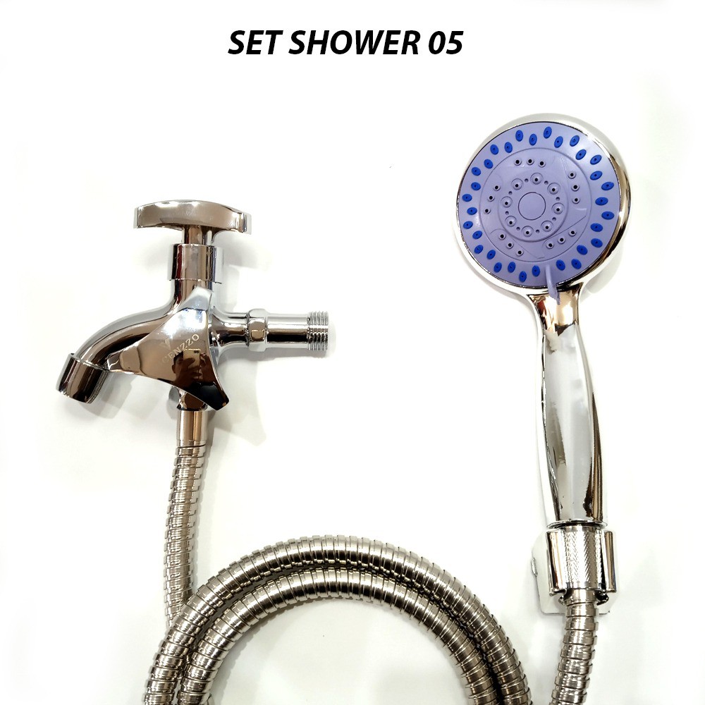 Paket Shower Pancuran Mandi dan Kran Cabang Tembok Segitiga 2 Lubang 1/2” Handle Kuningan Shower Kamar Mandi