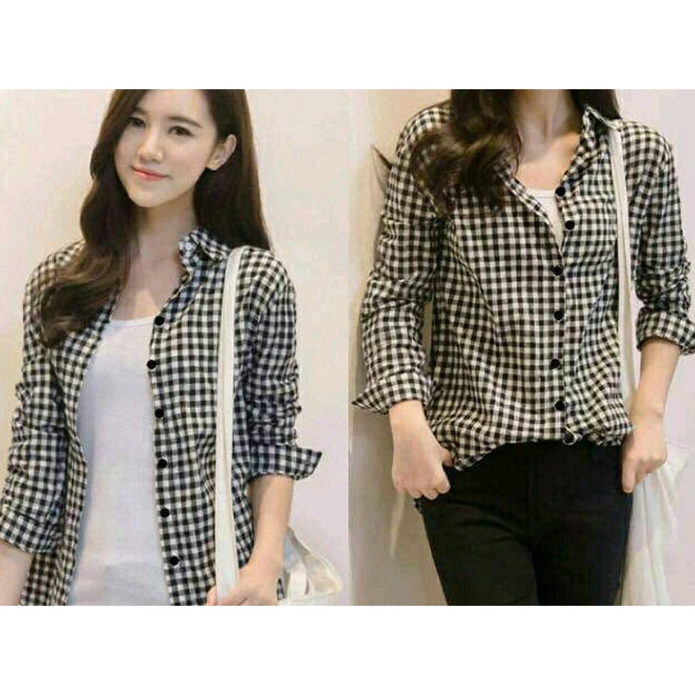 B2 R KMJ JUSI KOTAK MERAH HITAM KEMEJA LENGAN PANJANG WANITA MOTIF KOTAK KECIL KEMEJA KERJA KANTOR