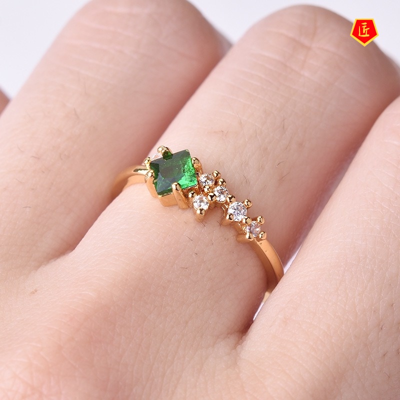 [Ready Stock]Simple Elegant 14K Gold Exquisite Green Square Rhinestone Ring