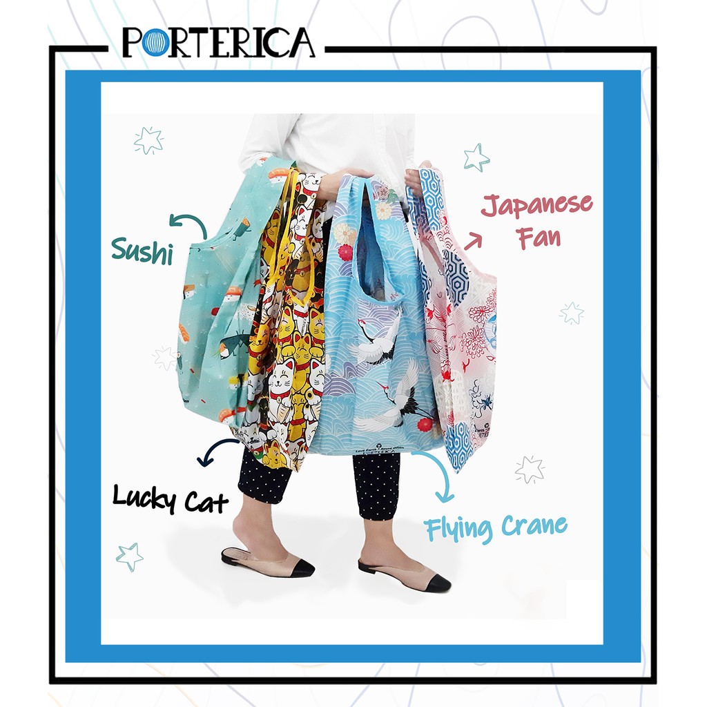 Ready Stock Reusable Bag Waterproof Motif | Foldable Bag Tas Belanja Lipat Parasut | Porterica