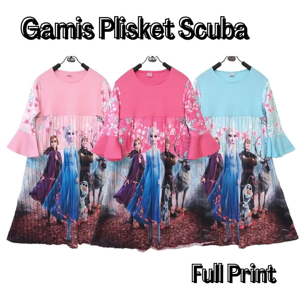 Dress Anak Perempuan Plisket Scuba Motif Frozen - 04 baju muslim anak perempuan setelan anak viral b