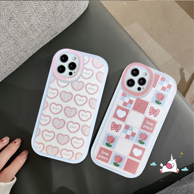 Soft Flower Case Realme C55 C15 C30 C53 8i 5 10 Pro Plus C25S C12 C21 C20A C20 C35 C31 C17 C1 C25 GT C3 5i 6i 8 7i 5S 8Pro C21Y Tahan Guncangan Cinta Hati Kotak-Kotak Lensa Oval Telepon She