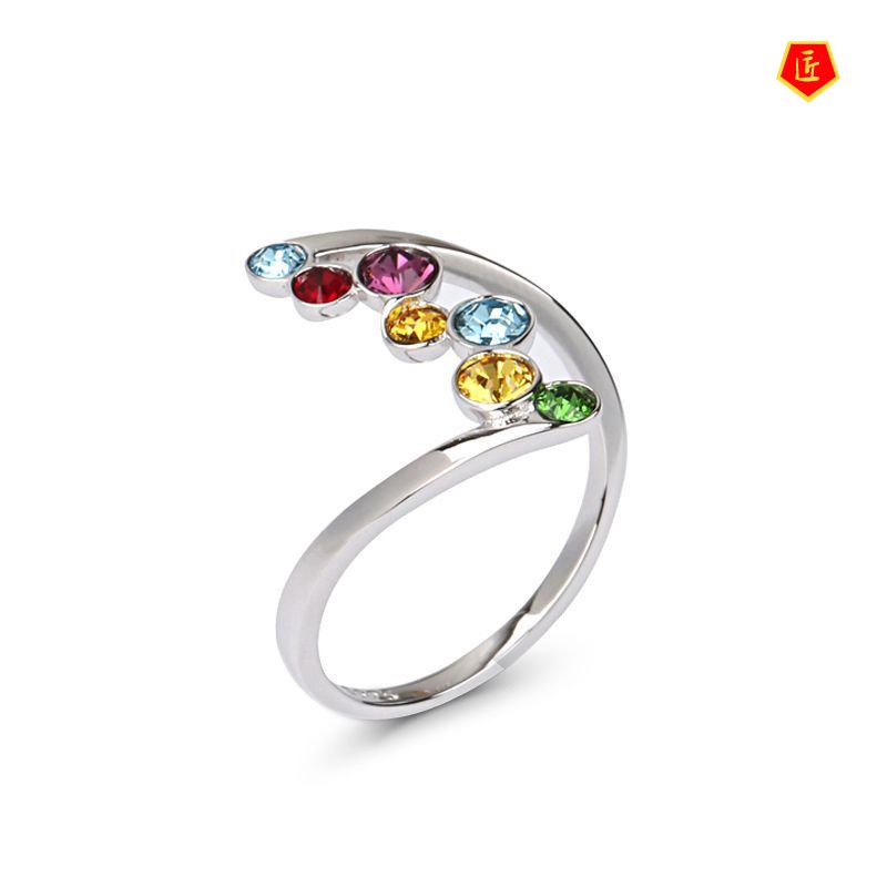 [Ready Stock]S925 Silver Inlaid Colorful round Gemstone Ring