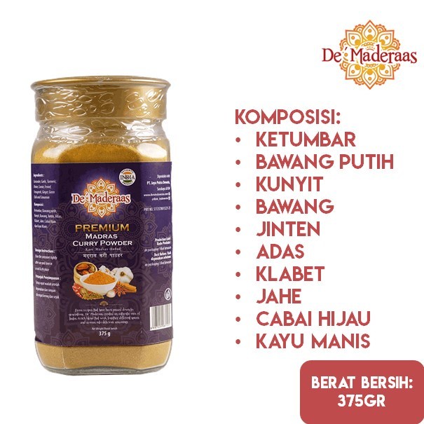 

COD De Maderaas Premium Curry Powder / Bubuk Kari / Bumbu Kari 375 gram