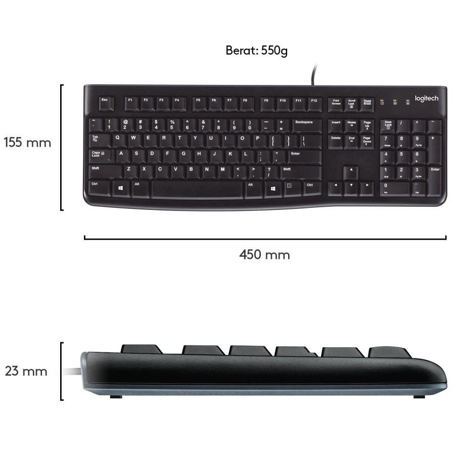 Keyboard Logitech K120 Kabel USB - Hitam 100% Original Compact Windows, MAC, Linus &amp; Chrome OS