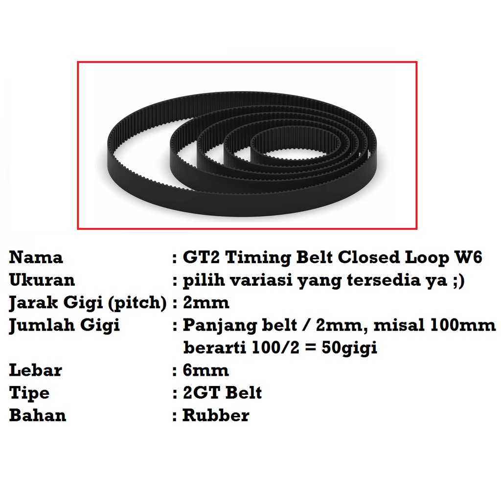 [HAEBOT] GT2 Timing Belt 6mm Closed Loop W6 100 150 200 250 350 400 mm CNC 3D Printer Anti Slip Sabuk Sambung Pitch 2mm Mekanik Pulley Axis Rubber