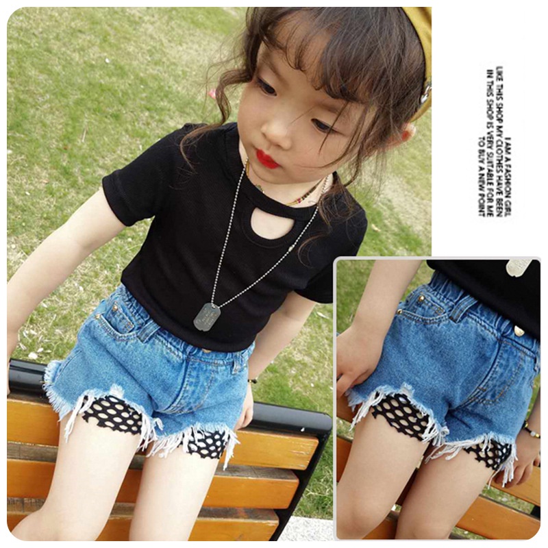 Stok bersih!Untuk 1-10T Jeans Jins Celana Anak Perempuan Cewek Fashion Potongan Jala Celana Pendek Denim Rumbai