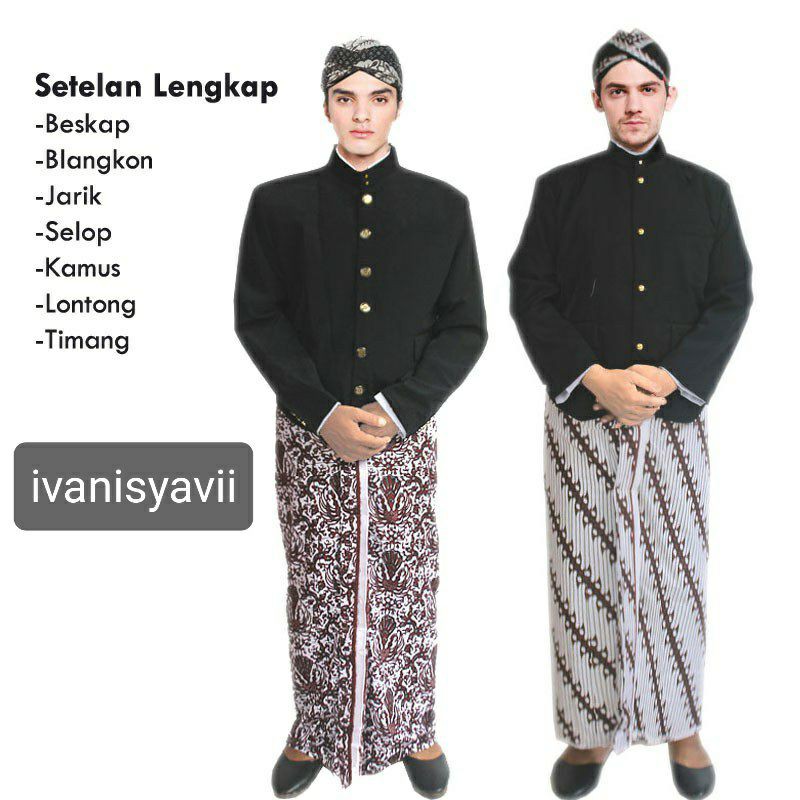 Setelan Lengkap Baju Jawa - Solo/ Jogja (Blangkon/ Beskap/ Jarik/ Selop/ Lontong/ Timang/ Kamus)