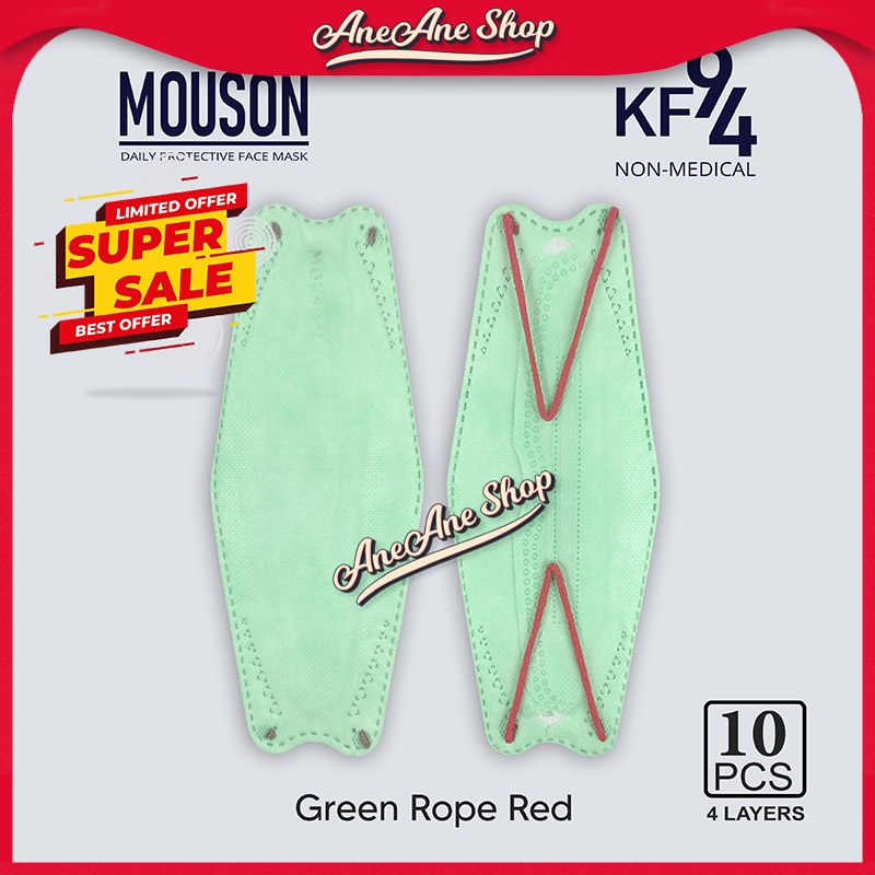 Masker Mouson KF94 Warna Green Red isi 10 Masker Non Medis Sekali Pakai 4 ply