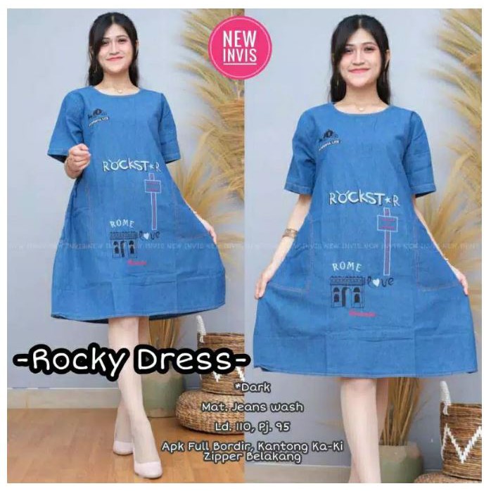 Dress Murah//Rocky Dress Jeans Full Bordir Rekomendasi Influencer Terkini//COD