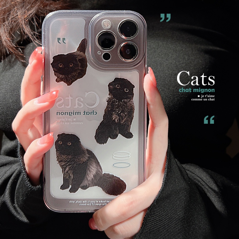 Ins Soft Case Silikon Transparan Motif Kucing Hitam Untuk Iphone 7 8 PLUS X XR XS 11 12 13 14 MINI PRO MAX SE