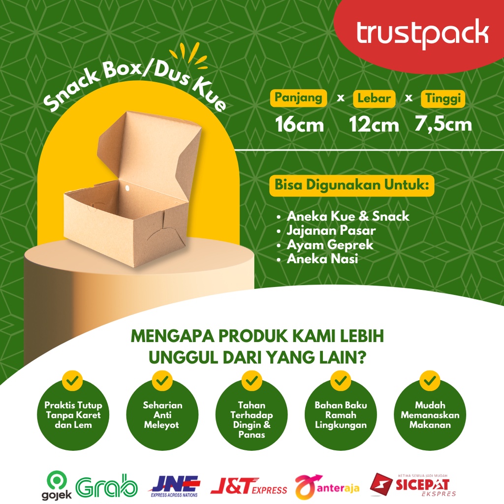 DUS KUE 12X16 KRAFT / KOTAK KARDUS KUE / DUS SNACK / SNACK BOX NON PE