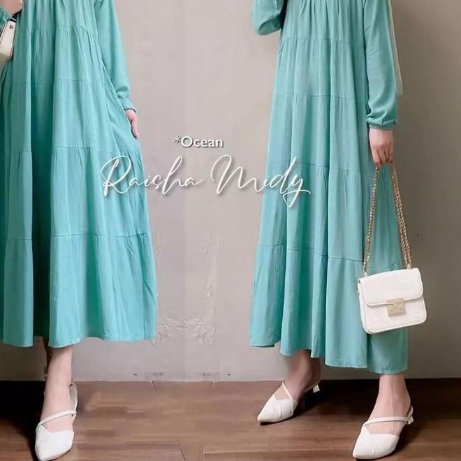 Trend Raisha Midi Dress Katun Rayon Premium Wanita Terbaru Gamis Maxy Dress Casual Putih Polos Moder