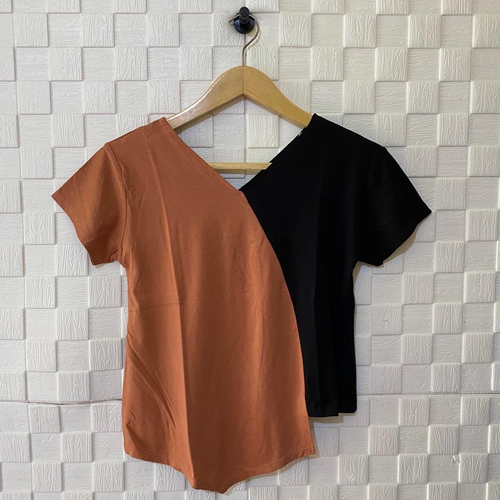 atasan pendek kombinasi warna panjang sebelah wanita kaos wanita atasan kaos murah atasan murah-HITAM BATA