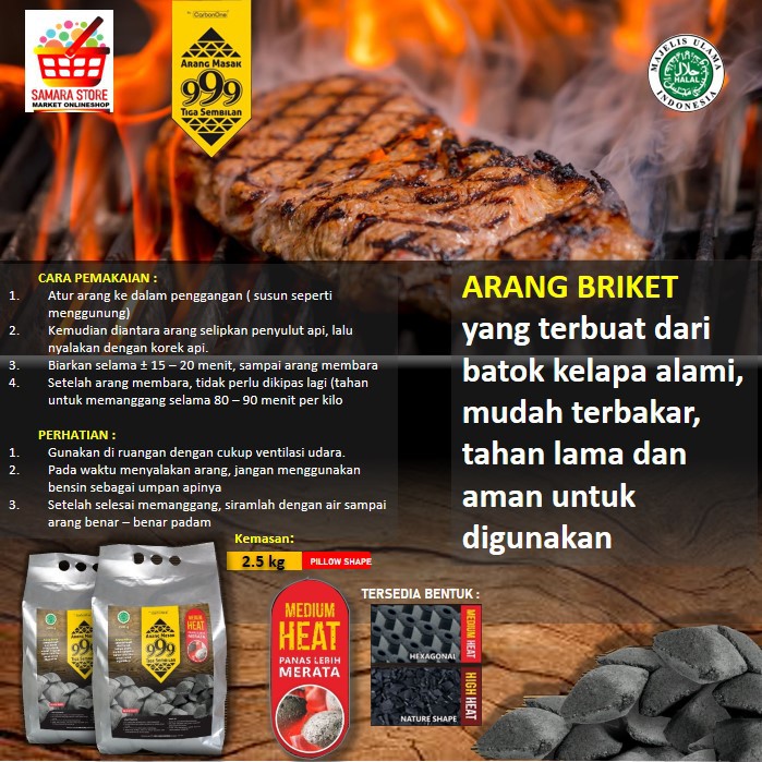 (A6) Arang Briket Batok Kelapa Pemanggangan Sate Sosis Daging 2.5 kg per Kemasan Agen Jatinegara