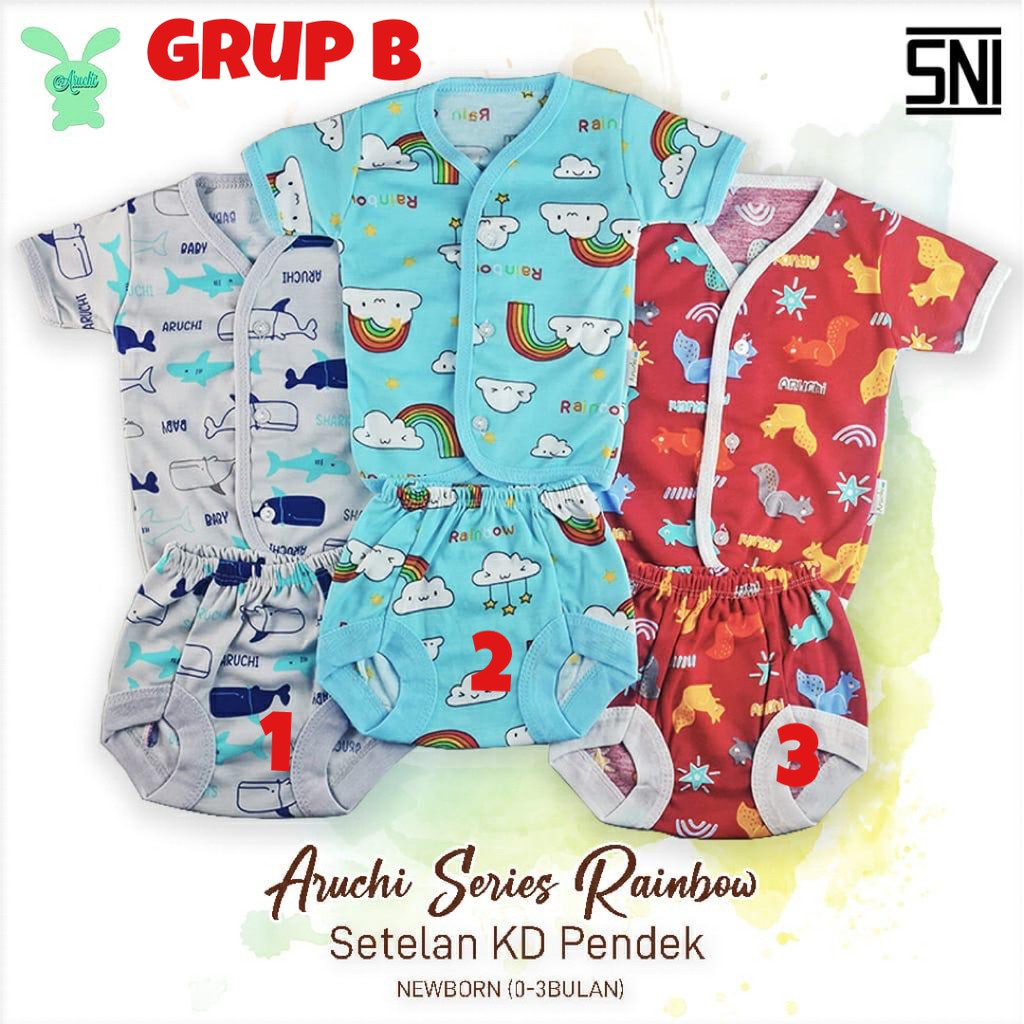 Aruchi MOTIF Setelan Pendek / Panjang Kancing Depan NEWBORN / NB (1stel)