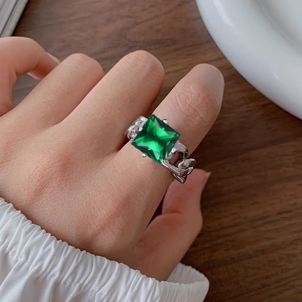 Mxbeauty Wanita Pembukaan Cincin Untuk Gadis Vintage Zirkon Hijau Geometris Rantai Silang Temperamen Buku Jari Rings