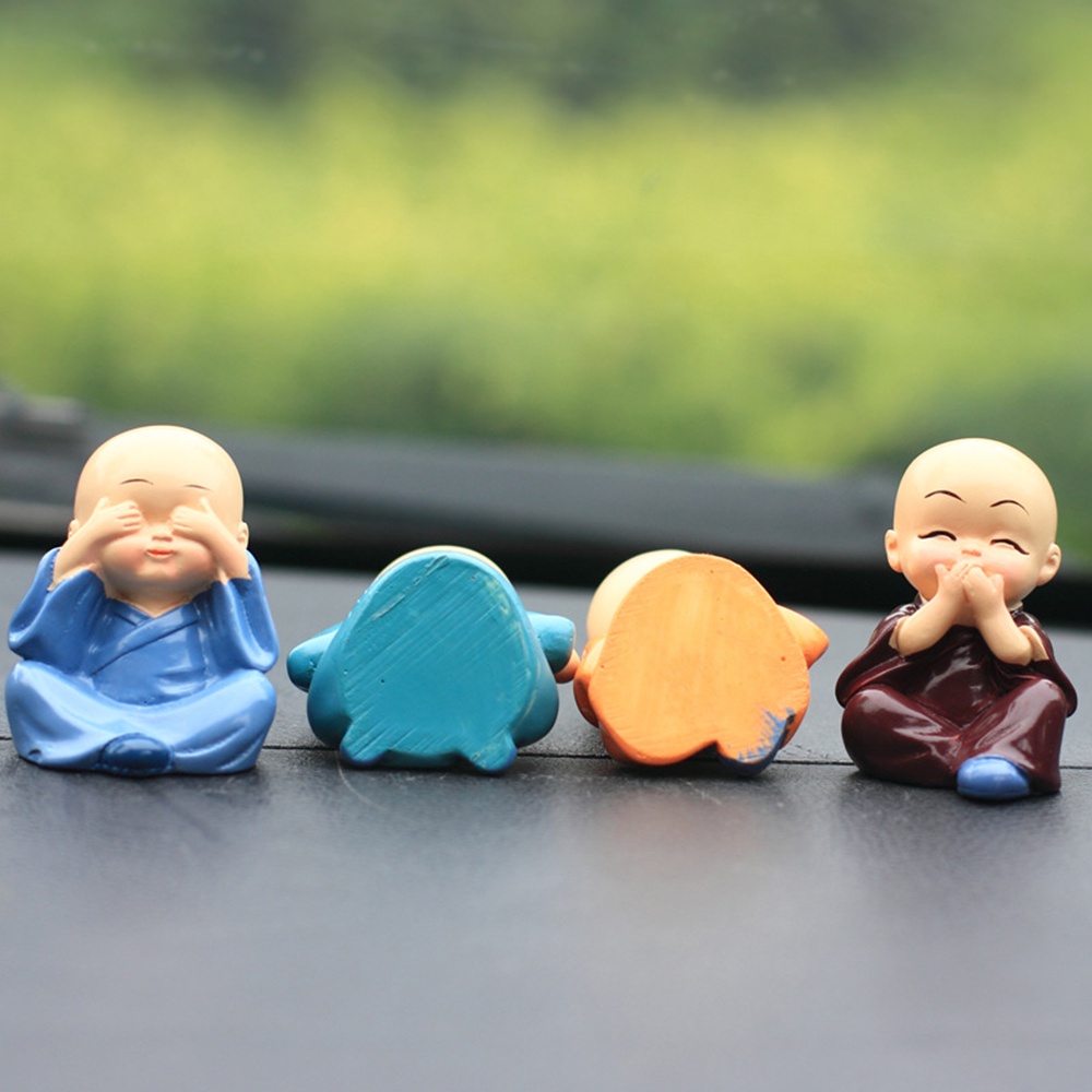 QUINTON 4pcs Ornaments Resin Shaolin Little Monk Small Buddha Kung Fu Boy Statue Miniature Home Decorative Crafts Car accessories