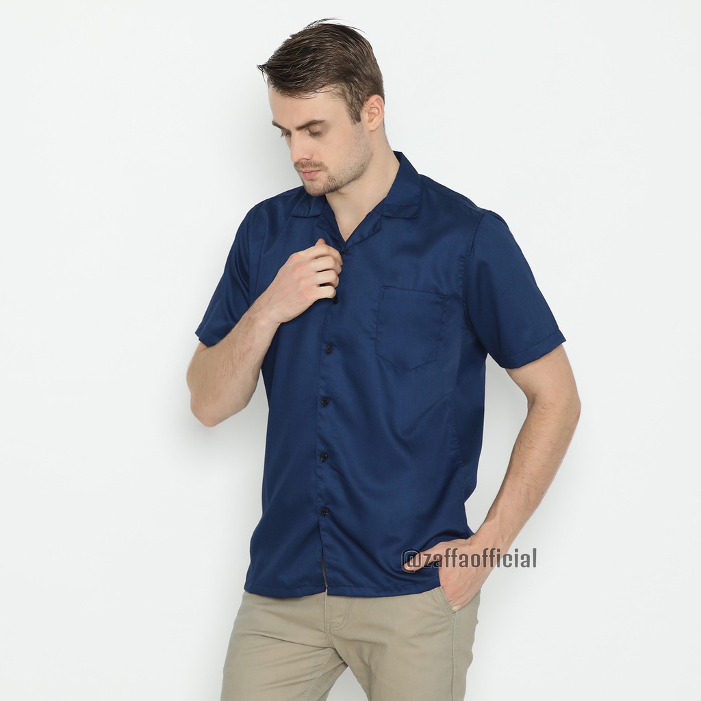 Zaffa Kemeja Polos Pria Lengan Pendek Basic Kerah Pantai Katun Toyobo Hitam Navy Mustard Maroon Bowling Shirt Casual Cowok Navy Z-1015