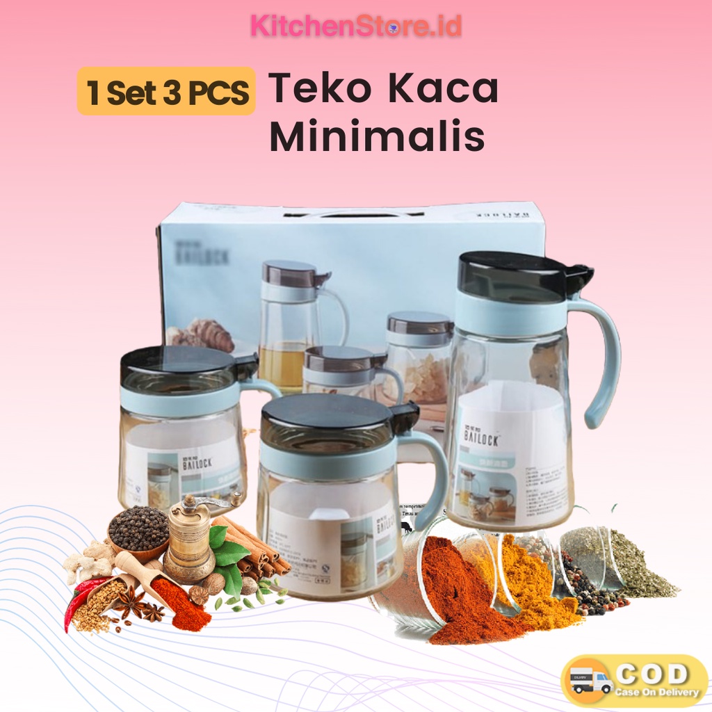 Wadah Minyak Dan Tempat Bumbu Kaca Set 3 in 1 / Seasoning Oil Pot Teko Serbaguna untuk Bumbu Masakan dan Minyak Sederhana