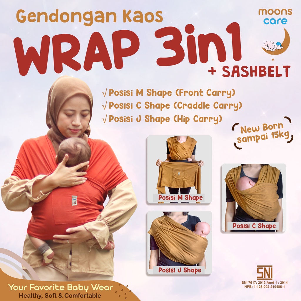moons care SNI Gendongan Bayi 3in1 Instan Baby Wrap dengan Sash Belt Geos Gendongan Bayi Depan M Shape Baby Wrap 3in1 Geos Baby Instan