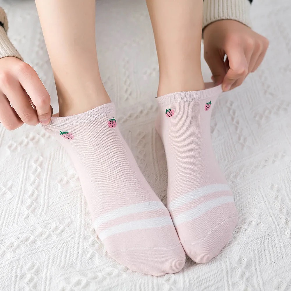☀ Sunly ☀ A108 Kaos Kaki Wanita Motif Kotak Pink Strawberry Fashion Korea Women Sock Import