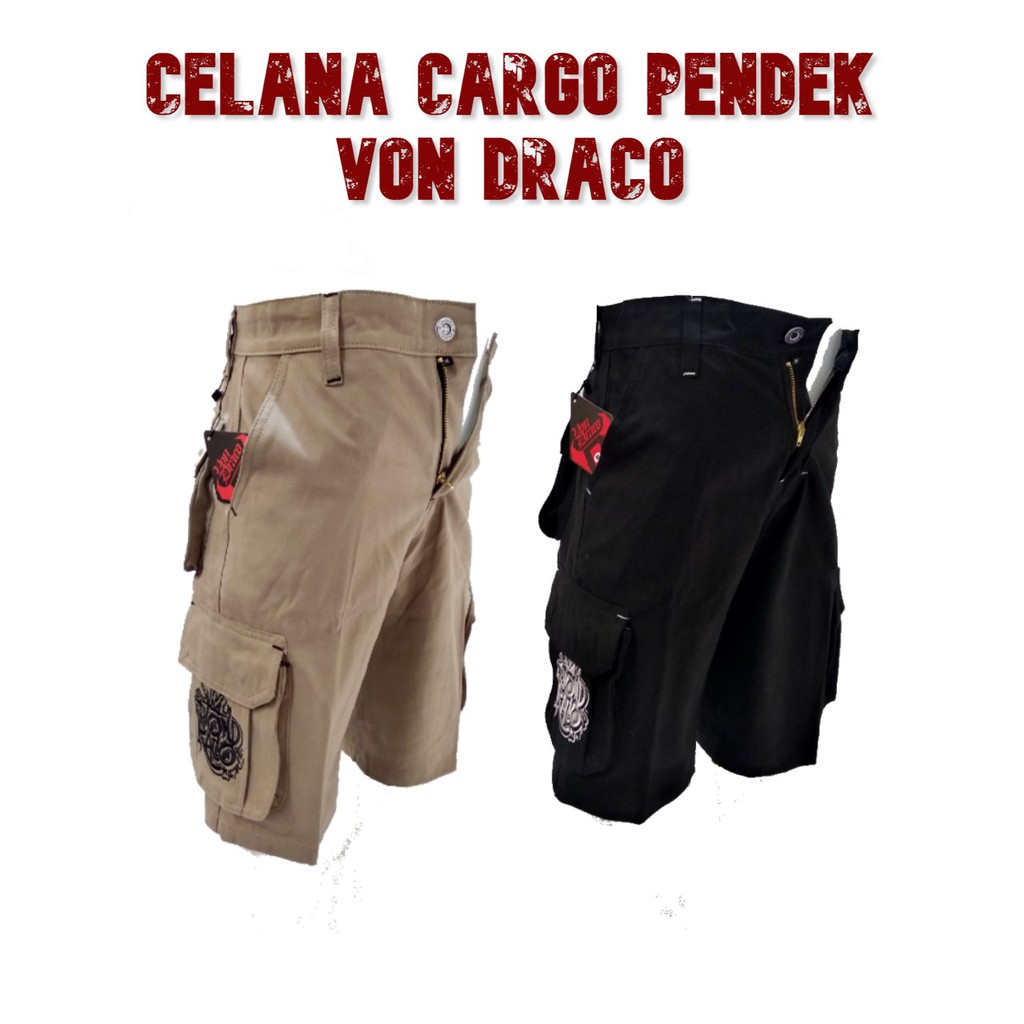 Celana Cargo / Kempol Pendek Katun Twill Grafitti VON DRACO - Warna Hitam dan Khaki