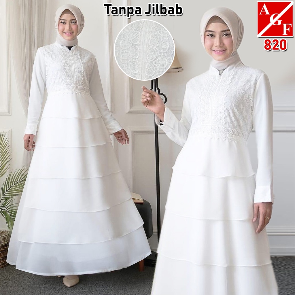 Agnes Hijab - Elza Dress Gamis Putih Wanita Gamis Plisket Brukat Baju Muslim Wanita Busana Lebaran U