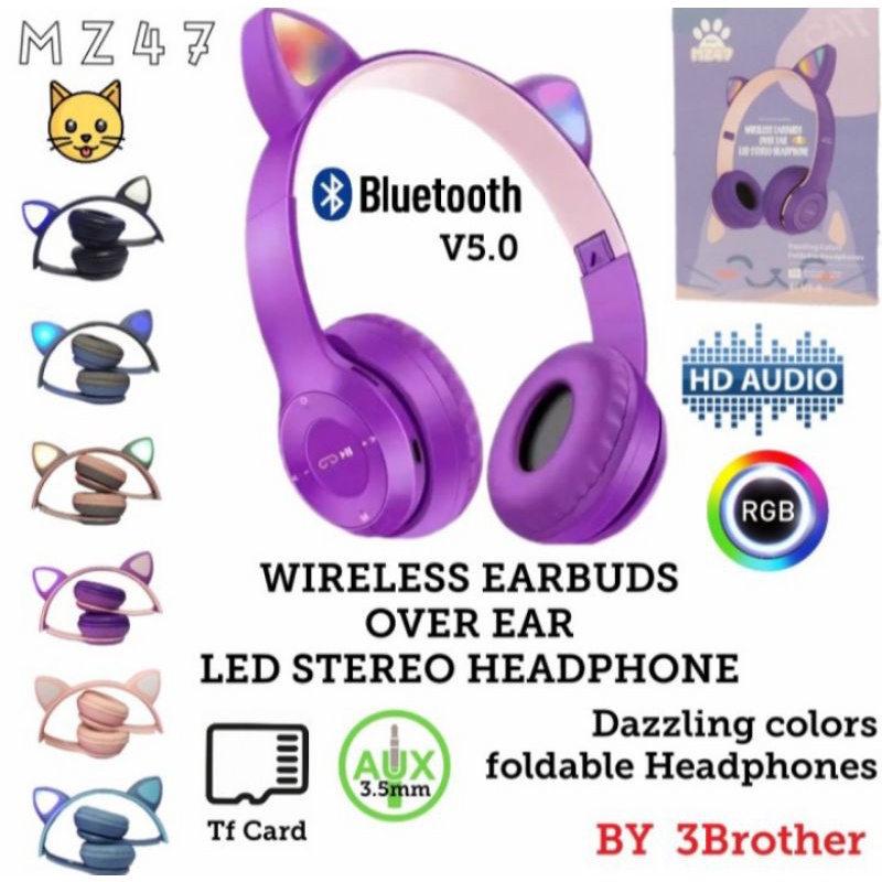 HEADSET HANDSFREE LED BANDO CAT MACARON BLUETOOTH MICRO SD MZ-P47