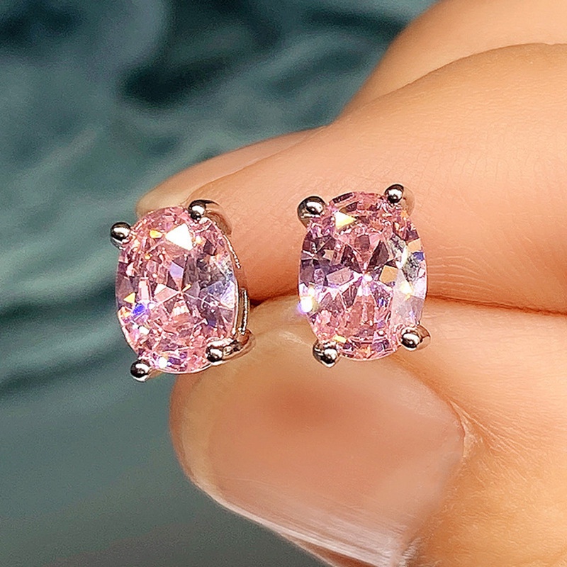 Anting Stud Cubic Zirconia Bentuk Oval Warna Putih Pink Kuning Gaya Minimalis Elegan Untuk Wanita