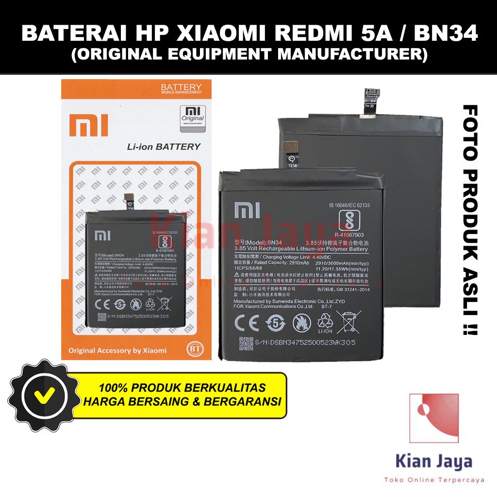 Baterai Redmi 5a BN34 Original OEM Batrai Batre Battery Handphpne Hp BN 34 Ori