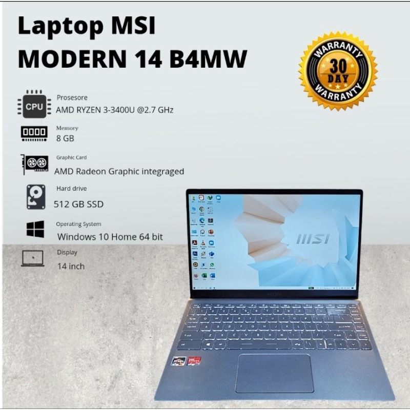 laptop MSI MODERN 14 B4MW | Amd RYZEN 3-4300 | RAM 4 GB | SSD 512 GB | KEYBOARD BACKLIGHT