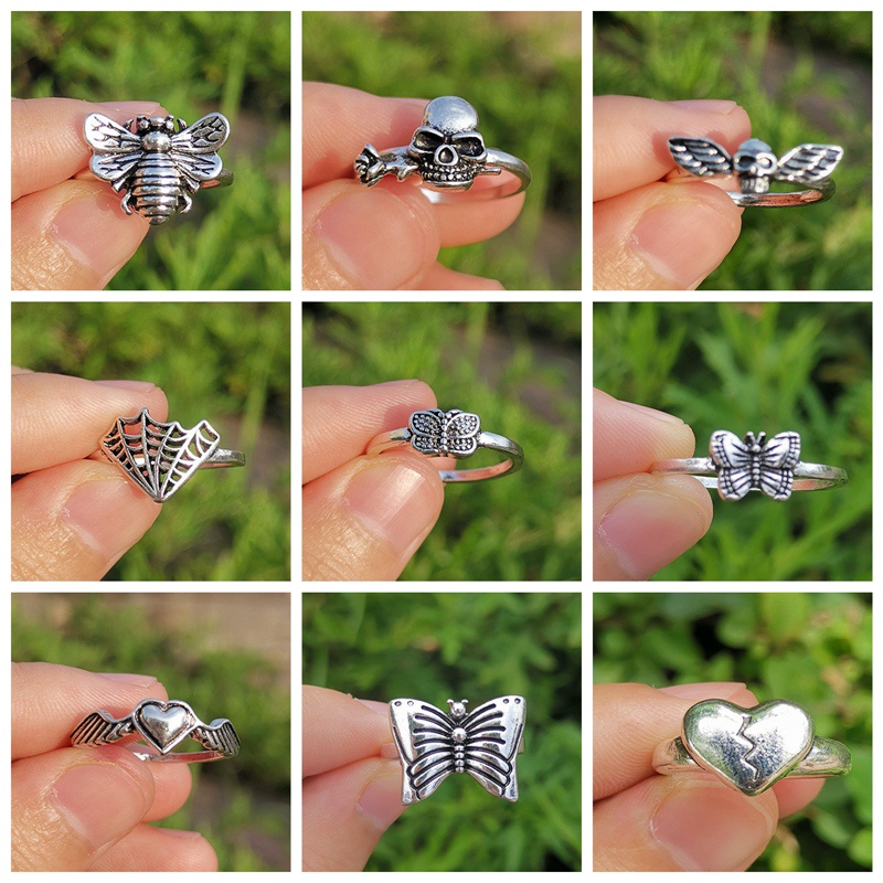 Lady Stylish New Skull Heart Flower Angel Rings For Women Hip Hop Exaggerated Silver Color Finger Rings Wholesale Jewelry