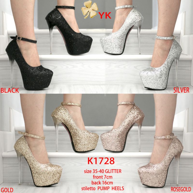 YKshoes 1728 pump heels 17cm stiletto heels black gold silver rose gold heels sepatu hak ketutup tin